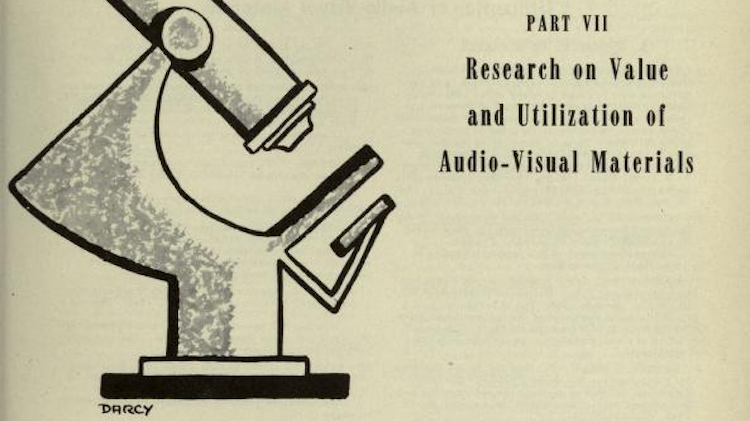 A scan from a printed book. There is an illustration of a microscope on the left. On the right, the text reads 'Research on Value and Utilization of Audio-Visual Materials'